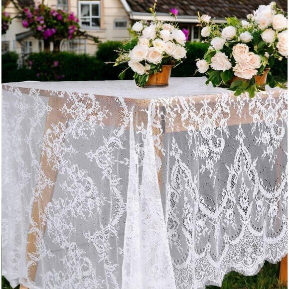 Floral Lace White Tablecloth 60x120" Vintage Look Wedding Shower Rustic Boho NEW - Picture 2 of 6